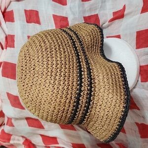 Trendy Woven Paper Straw Hat with Navy Blue Accent Band